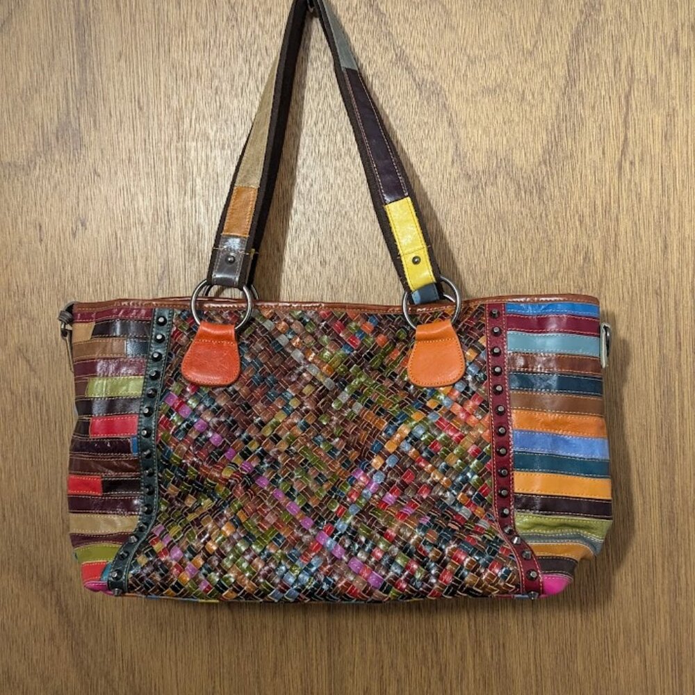 Ameri Leather Woven Tote Shoulder Bag Hobo Colorful Large with wallet
